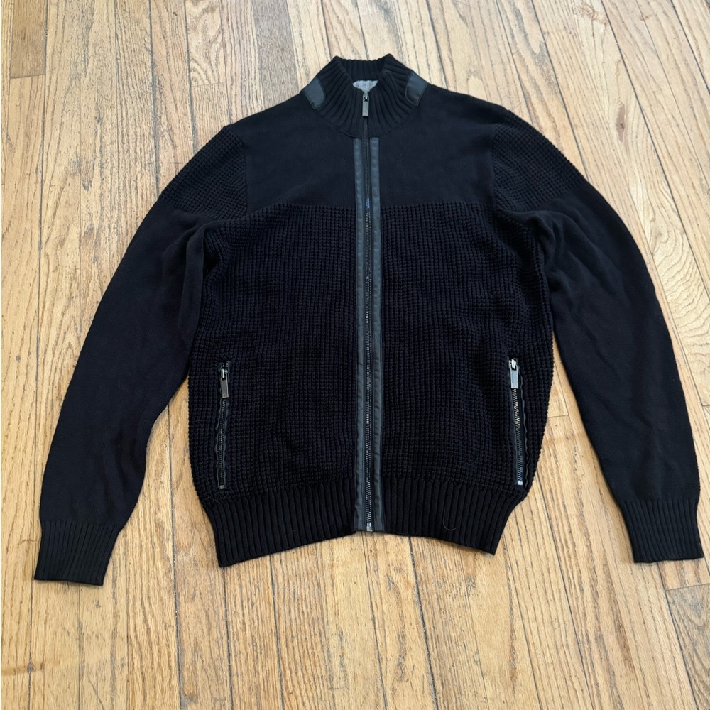Kenneth Cole black leather trim elbow patch zip cardigan M